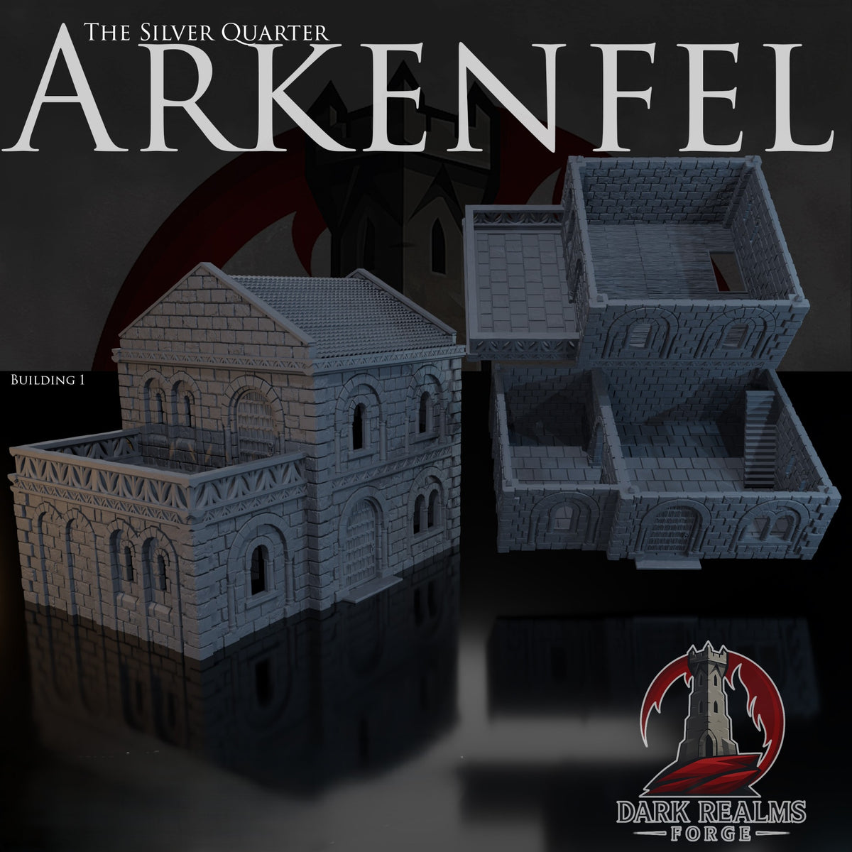 Arkenfel Silver Quarter Building 1 fantasy tabletop terrain in exterior and cutaway views