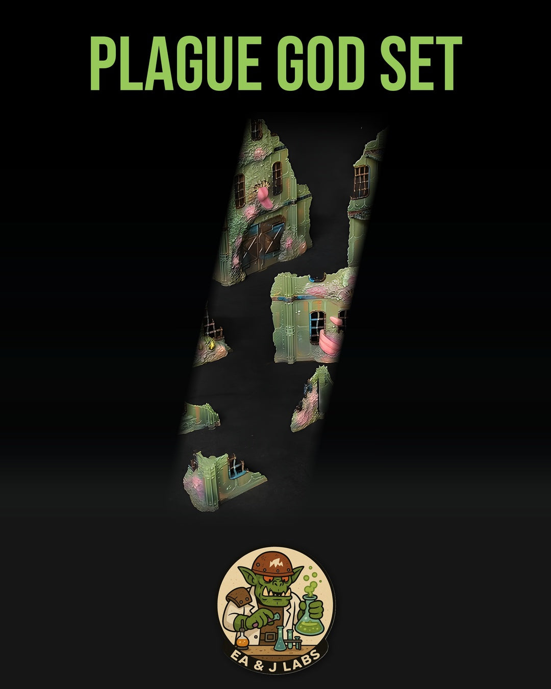 The image is a poster for a game called "Plague God Set". It features a dark background with a green and pink color scheme, and includes a small illustration of a green creature with a human-like face.