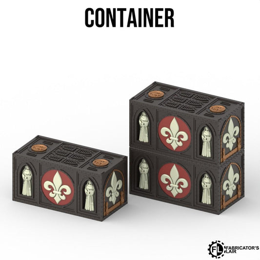 two black rectangular boxes with decorative designs and images of fleur-de-lis symbols on them.