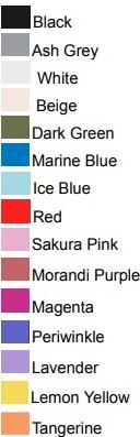 a color palette with various shades of black, ash grey, white, beige, dark green, marine blue, ice blue, red, pink, purple, magenta, periwinkle, lavender, lemon yellow, and tangerine.