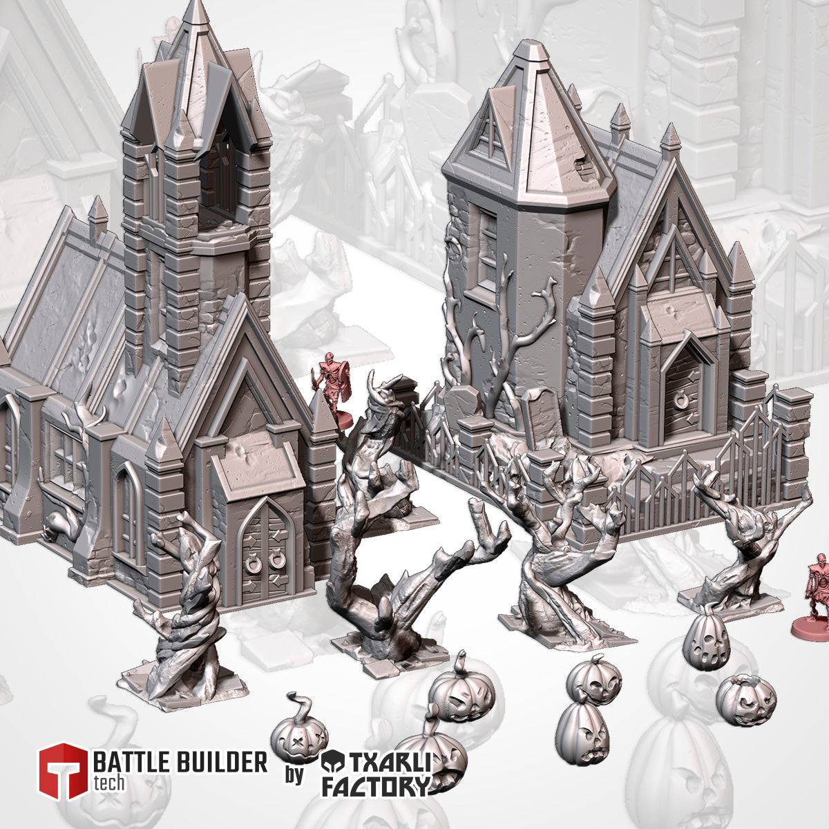Halloween tabletop terrain collection featuring a haunted undead village