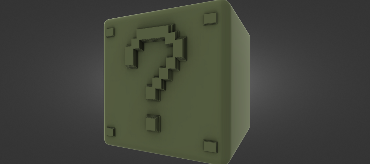 A 3D rendering of a green cube-shaped object with a question mark symbol on it.