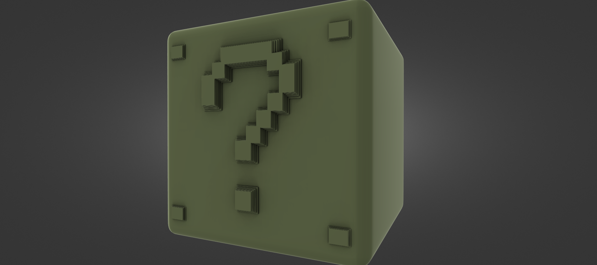A 3D rendering of a green cube-shaped object with a question mark symbol on it.