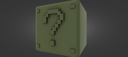 A 3D rendering of a green cube-shaped object with a question mark symbol on it.