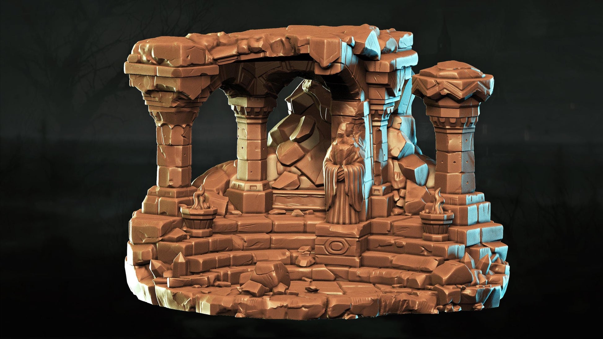 A 3D rendering of a stone structure with a central archway, flanked by two towers, set against a dark background.