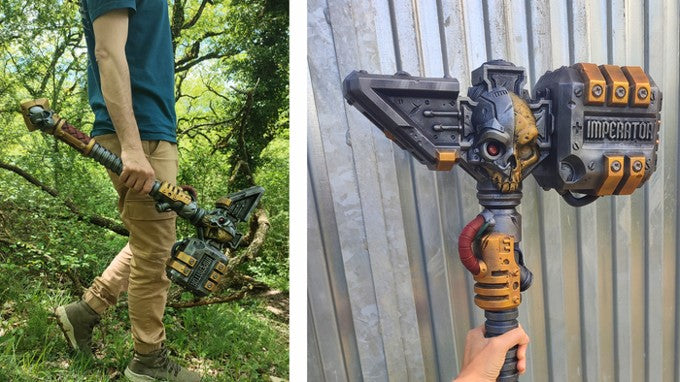 The image is a collage of two photos. In the first photo, a person is holding a large, futuristic-looking mace with a skull design. In the second photo, the same mace is being held by someone else, who is holding it in their hand.