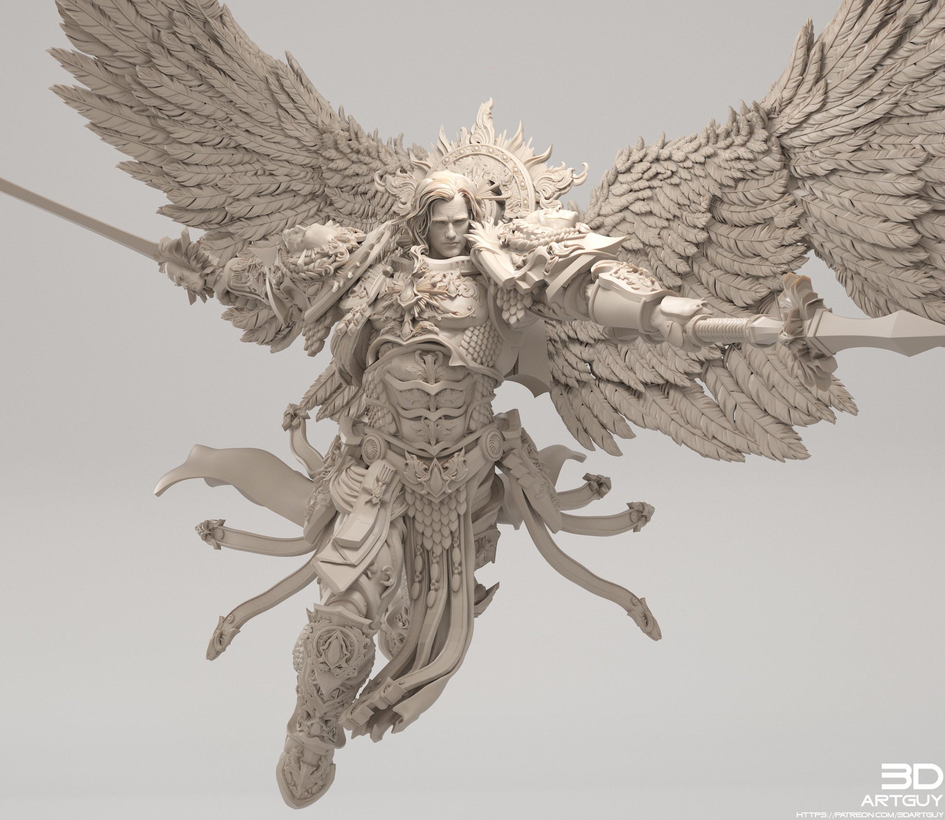 A detailed 3D rendering of a winged armored figure, possibly a deity or angel, with intricate armor and wings.