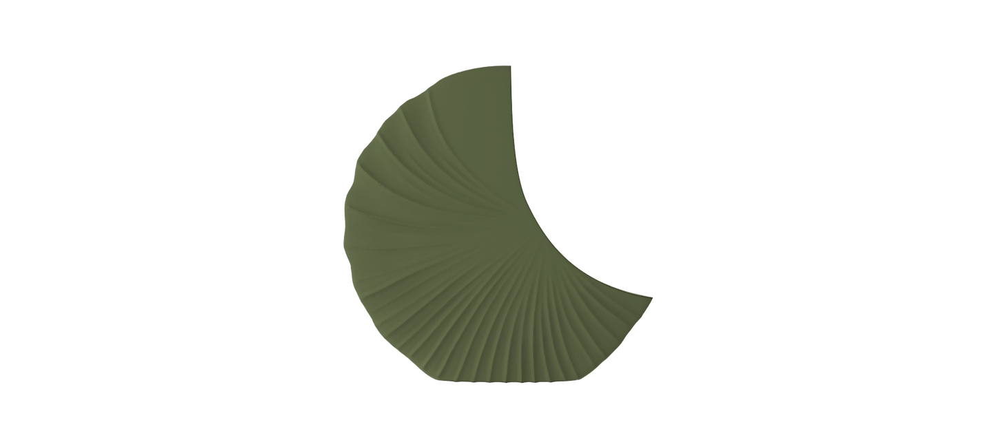 A green, curved object resembling a leaf or blade of grass against a black background.