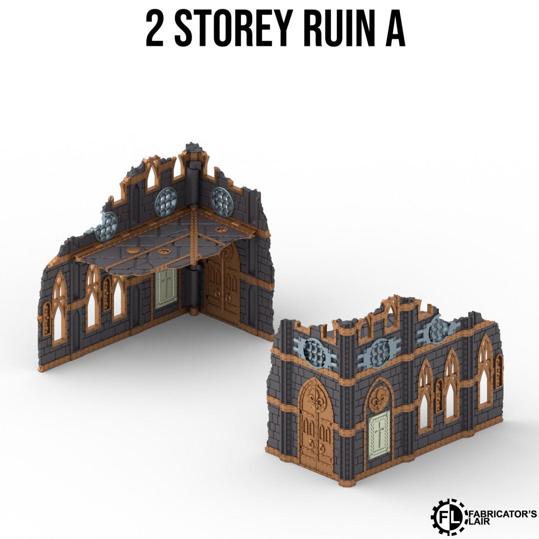 two 3D models of a ruined building, one on the left and one on the right, both with a dark and ornate architectural style.