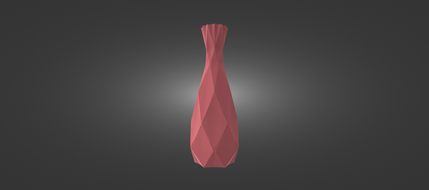 A 3D rendering of a tall, red, geometric vase against a dark background.