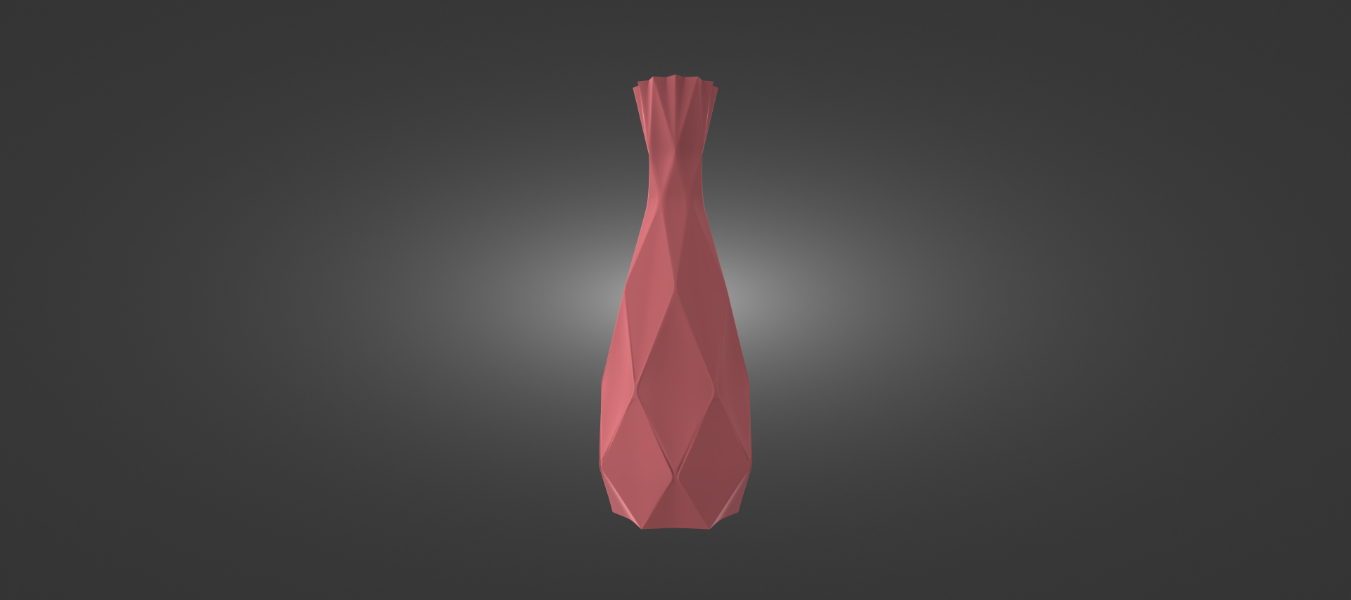 A 3D rendering of a tall, red, geometric vase against a dark background.