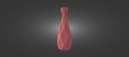 A 3D rendering of a tall, red, geometric vase against a dark background.