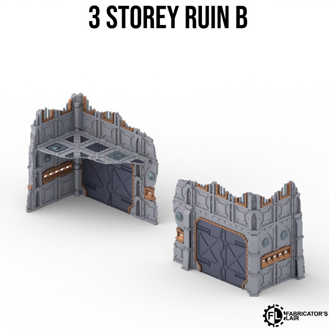 a 3-storey ruin B, a 3D rendering of a damaged building or structure.