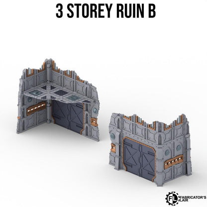 a 3-storey ruin B, a 3D rendering of a damaged building or structure.