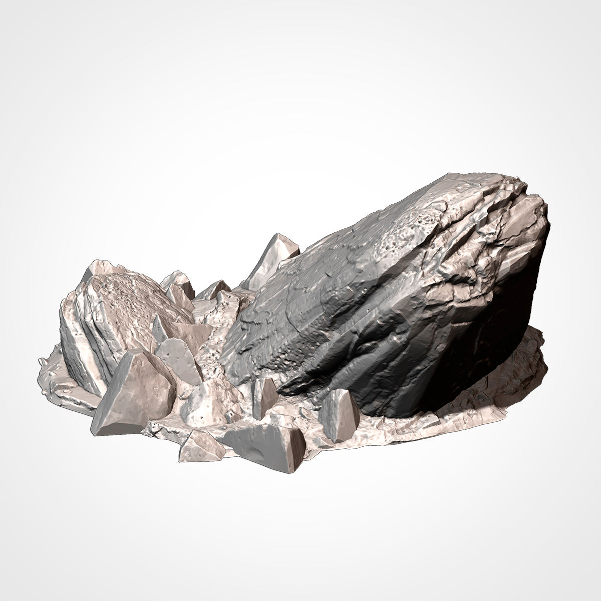 A large, jagged rock formation with smaller rocks scattered around it, set against a plain white background.