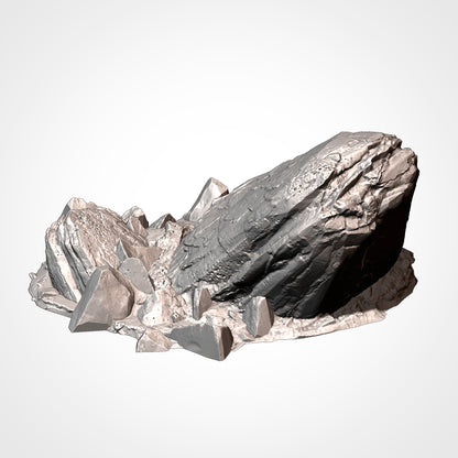 A large, jagged rock formation with smaller rocks scattered around it, set against a plain white background.