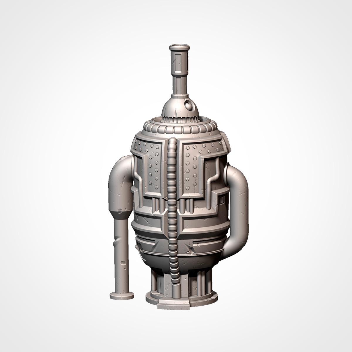 A 3D rendering of a metallic, futuristic-looking object with a cylindrical shape and a pointed top.