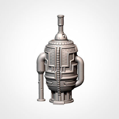 A 3D rendering of a metallic, futuristic-looking object with a cylindrical shape and a pointed top.