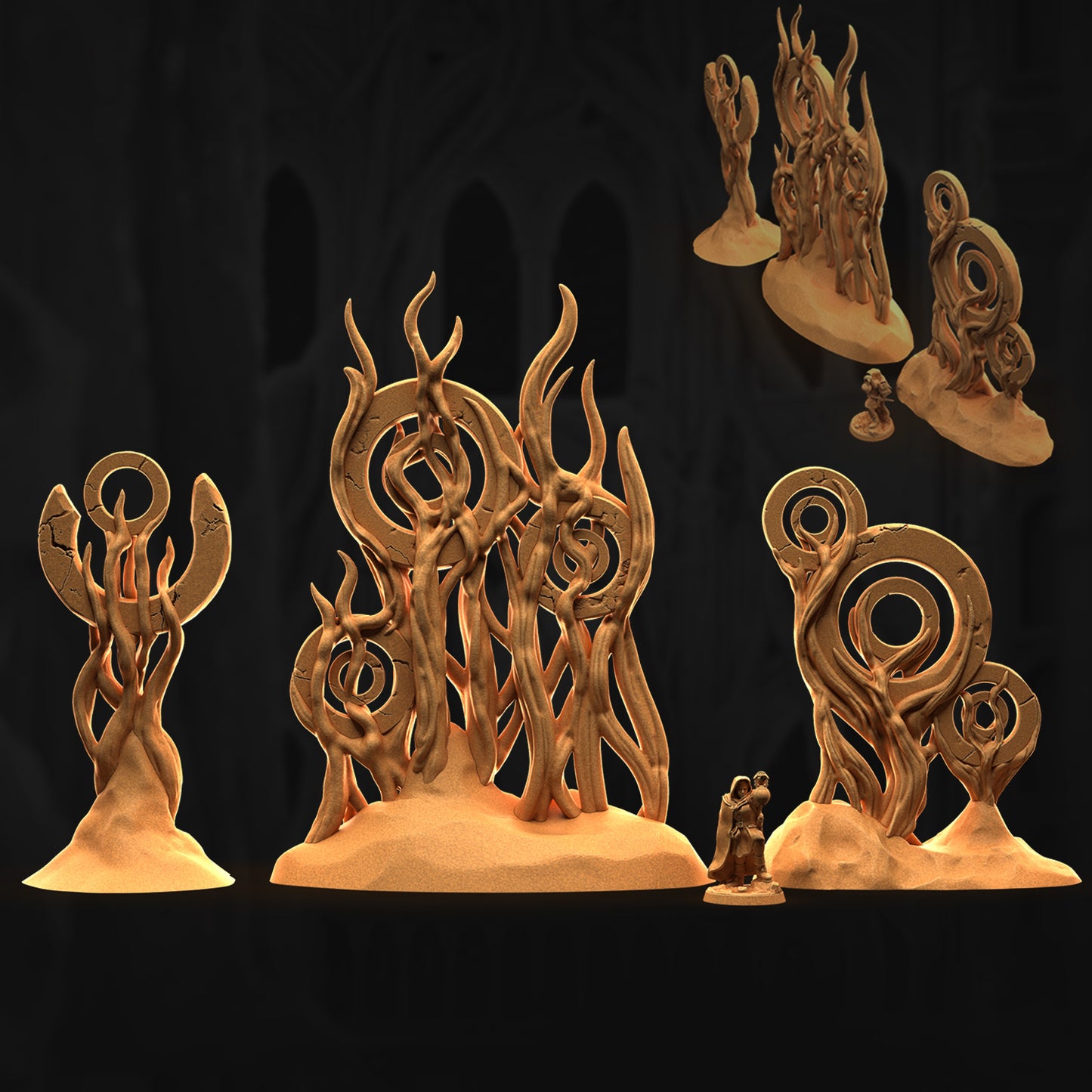 a group of wooden sculptures sitting on top of a table