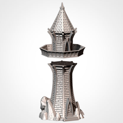 A 3D rendering of a tall, ornate tower with a pointed roof and a small tower on top.