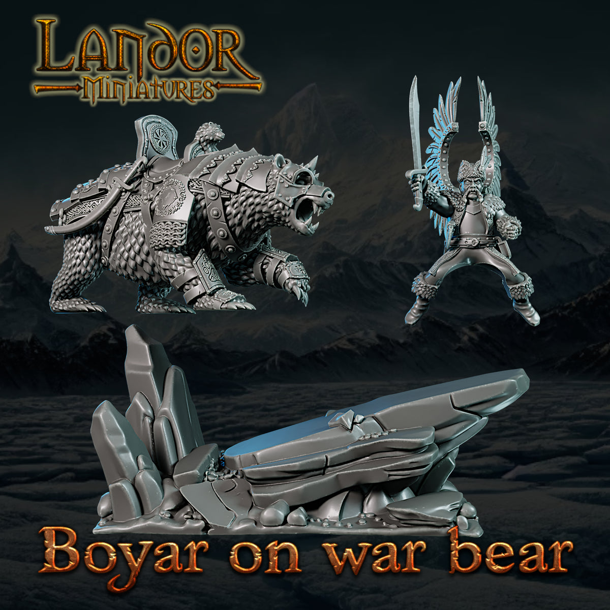 Boyar on War Bear – Landor Miniatures 3D Printed Miniature (32mm) - image 1