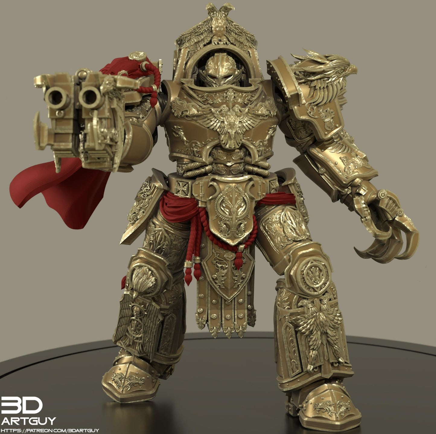 A highly detailed and ornate golden armored figure, possibly a warrior or knight, with intricate designs and decorations on its body and equipment.