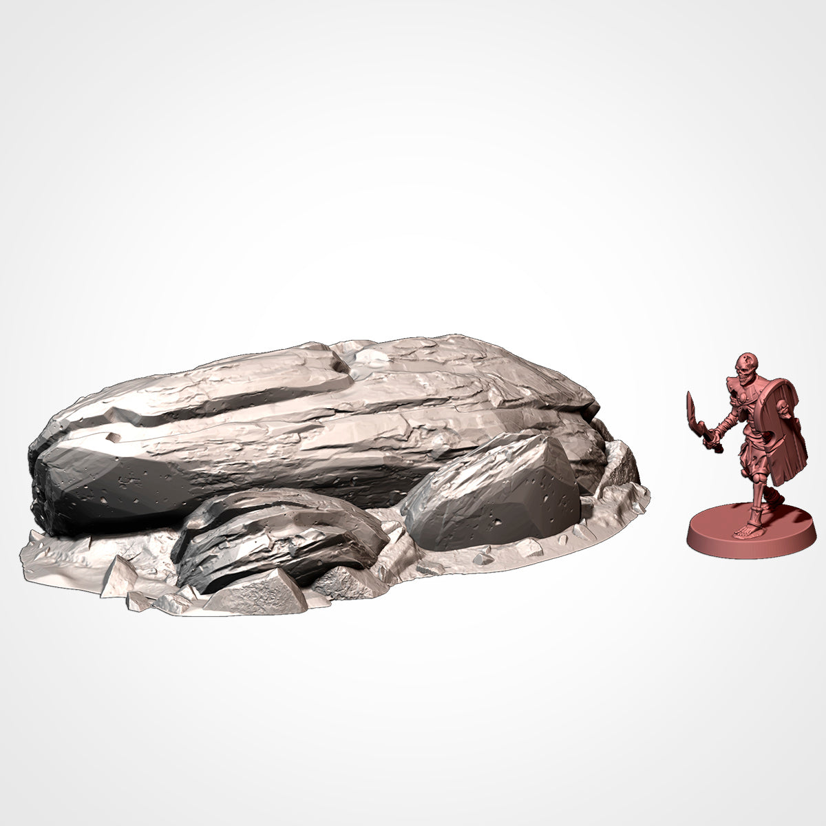A 3D rendering of a large rock formation and a small figurine of a warrior standing next to it.