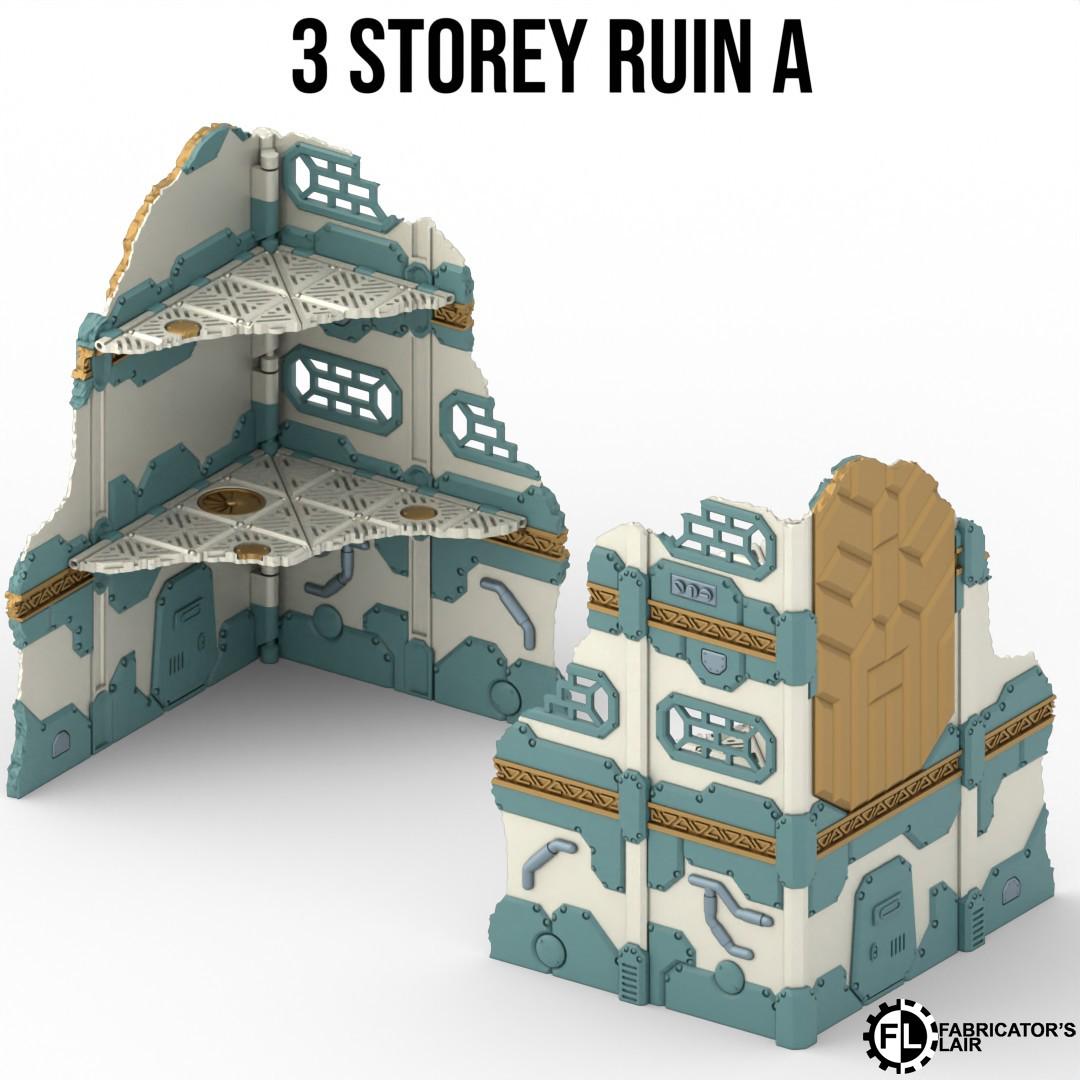 a 3-storey ruin, which is a 3D model of a damaged building or structure. The ruins are made of various materials, including wood, metal, and concrete, and they appear to be in a state of disrepair. The ruins are shown in different angles and perspectives, providing a comprehensive view of the structure's condition.
