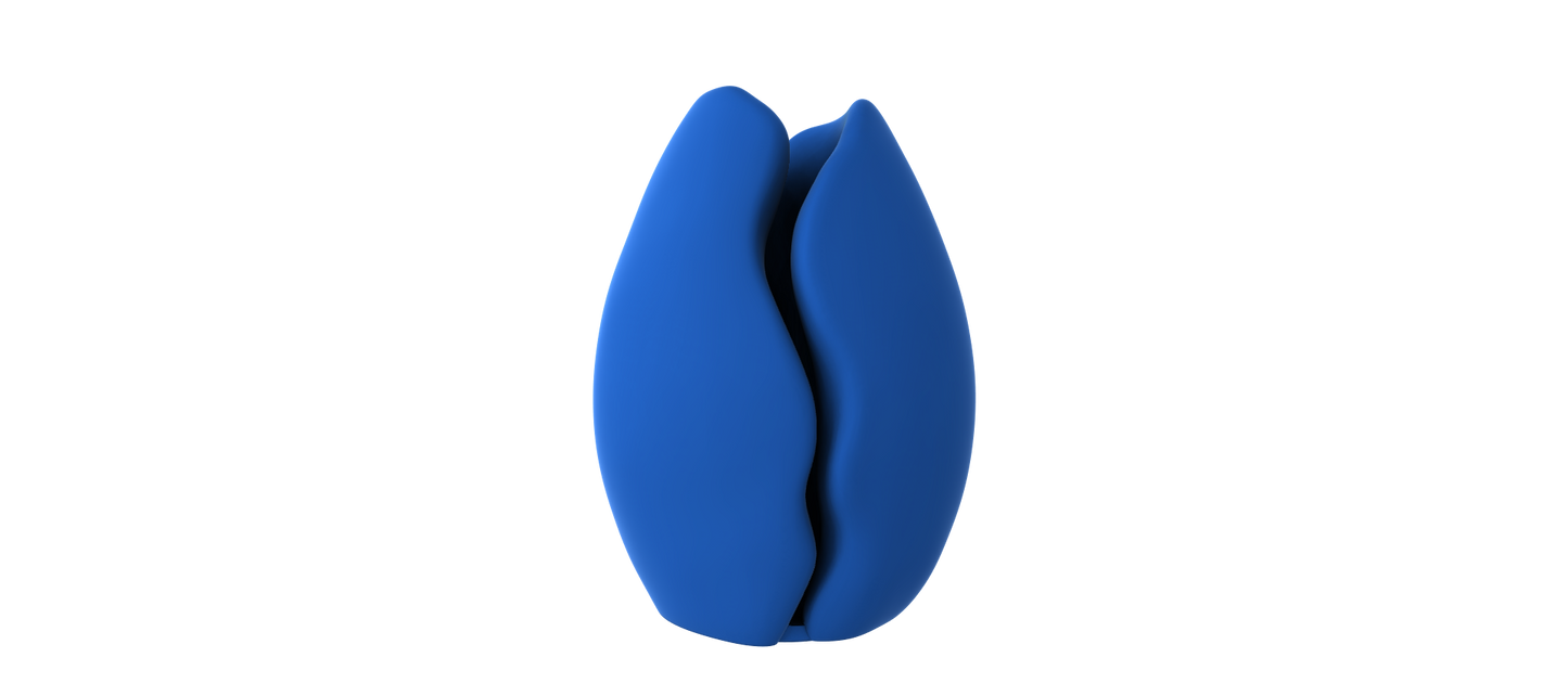A blue, three-dimensional object resembling a flower or leaf stands alone against a black background.