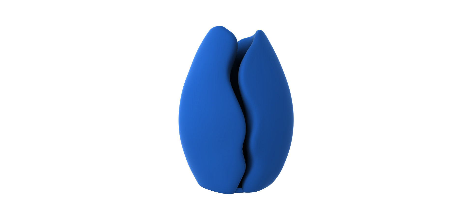 A blue, three-dimensional object resembling a flower or leaf stands alone against a black background.