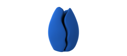 A blue, three-dimensional object resembling a flower or leaf stands alone against a black background.