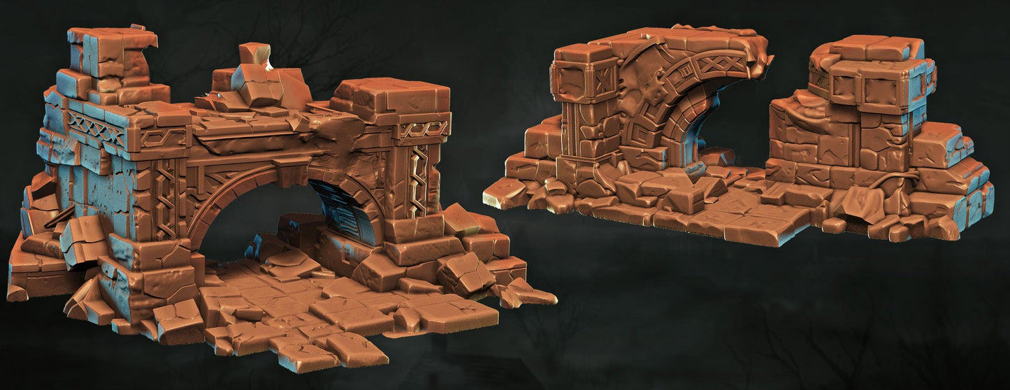 two 3D models of damaged structures, including ruins and ruins with a bridge. The structures appear to be made of a brown material and are in a state of disrepair, with broken or damaged parts.