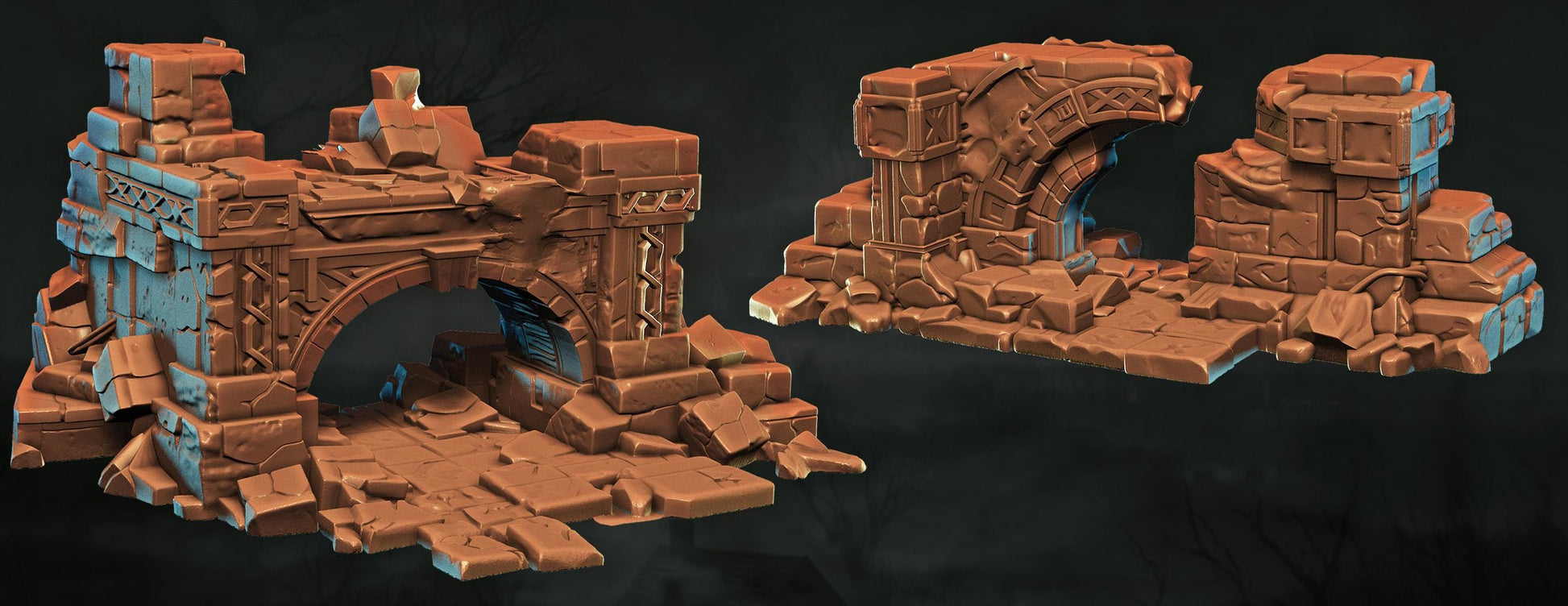 two 3D models of damaged structures, including ruins and ruins with a bridge. The structures appear to be made of a brown material and are in a state of disrepair, with broken or damaged parts.