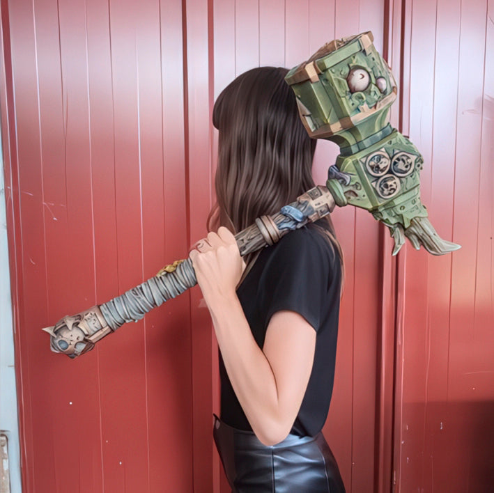 two people holding large, ornate, and intricately designed weapons, possibly resembling medieval or fantasy-style armor.