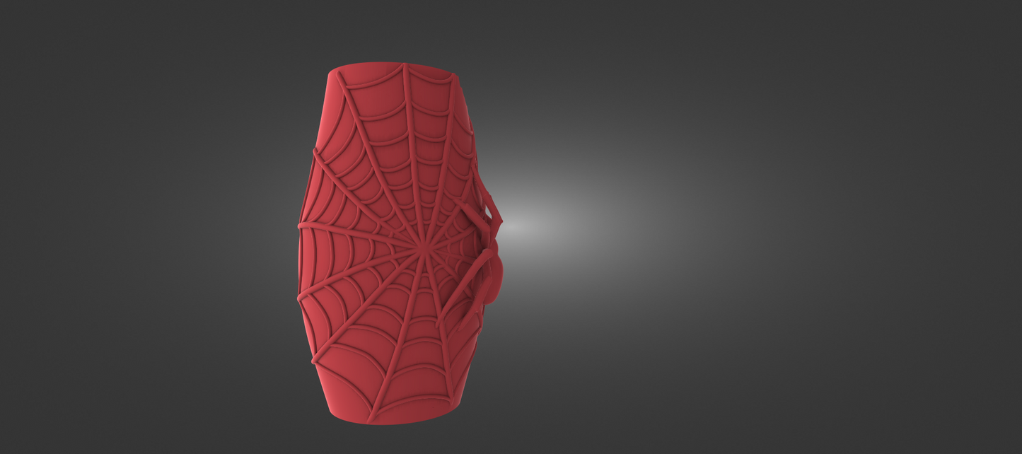 A red, spider-like object with a web-like pattern on it, standing alone against a dark background.