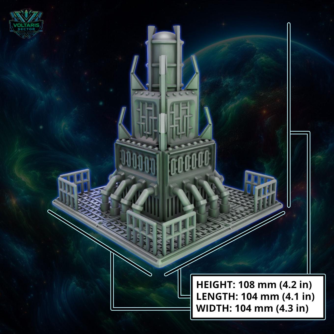 a futuristic, metallic structure with multiple pipes and a dome-like top, set against a backdrop of a dark, cosmic-looking space.