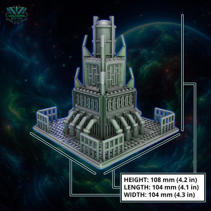 a futuristic, metallic structure with multiple pipes and a dome-like top, set against a backdrop of a dark, cosmic-looking space.
