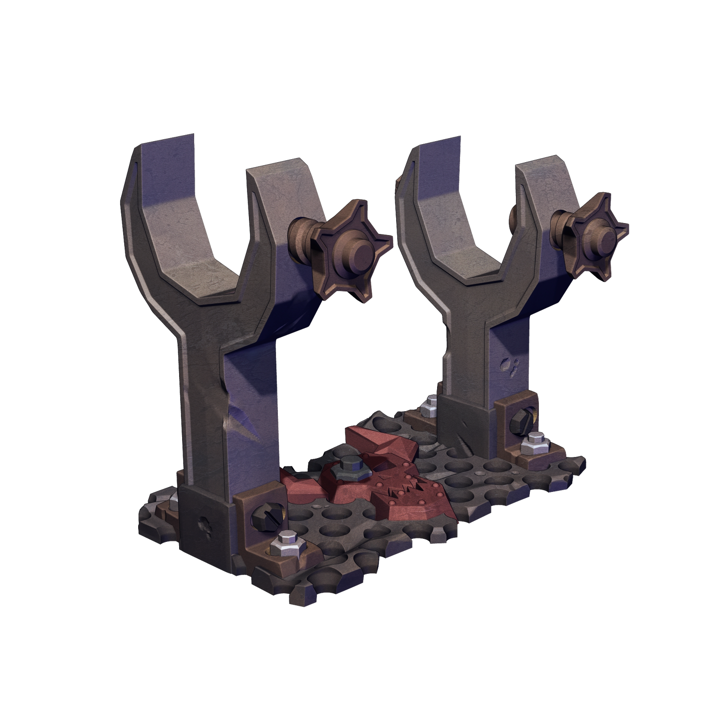 A 3D rendering of a mechanical device with two large, curved, metallic components and a smaller, rectangular component. The device appears to be a tool or part of a larger mechanical system.