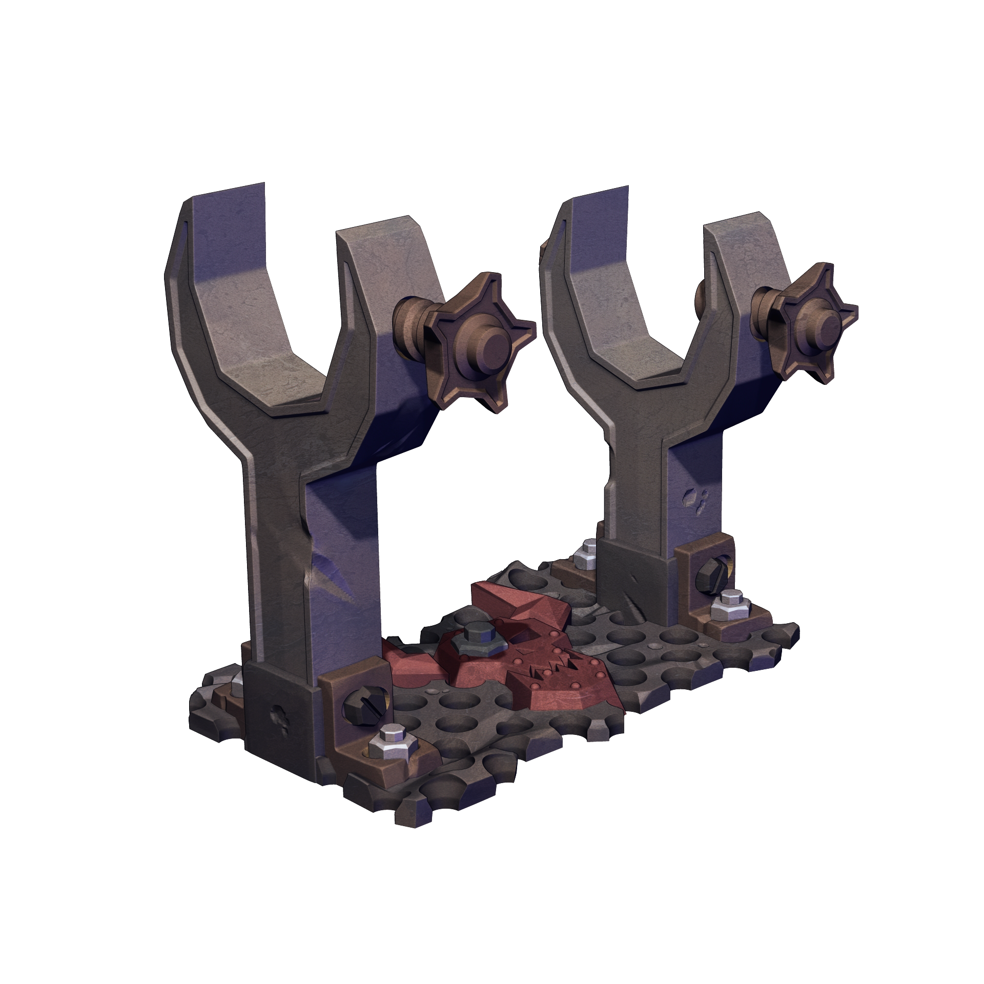 A 3D rendering of a mechanical device with two large, curved, metallic components and a smaller, rectangular component. The device appears to be a tool or part of a larger mechanical system.