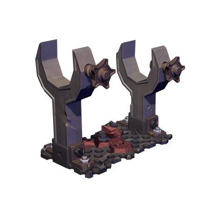 A 3D rendering of a mechanical device with two large, curved, metallic components and a smaller, rectangular component. The device appears to be a tool or part of a larger mechanical system.