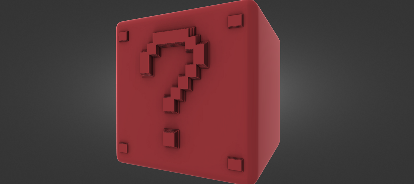 A red cube-shaped object with a question mark symbol on it.
