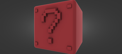 A red cube-shaped object with a question mark symbol on it.