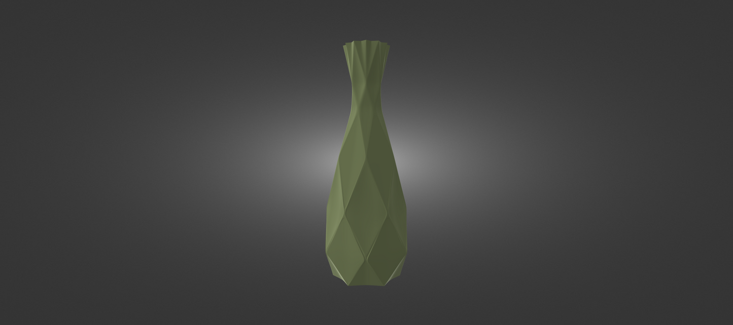 A green, geometric vase-like object stands alone against a dark background.