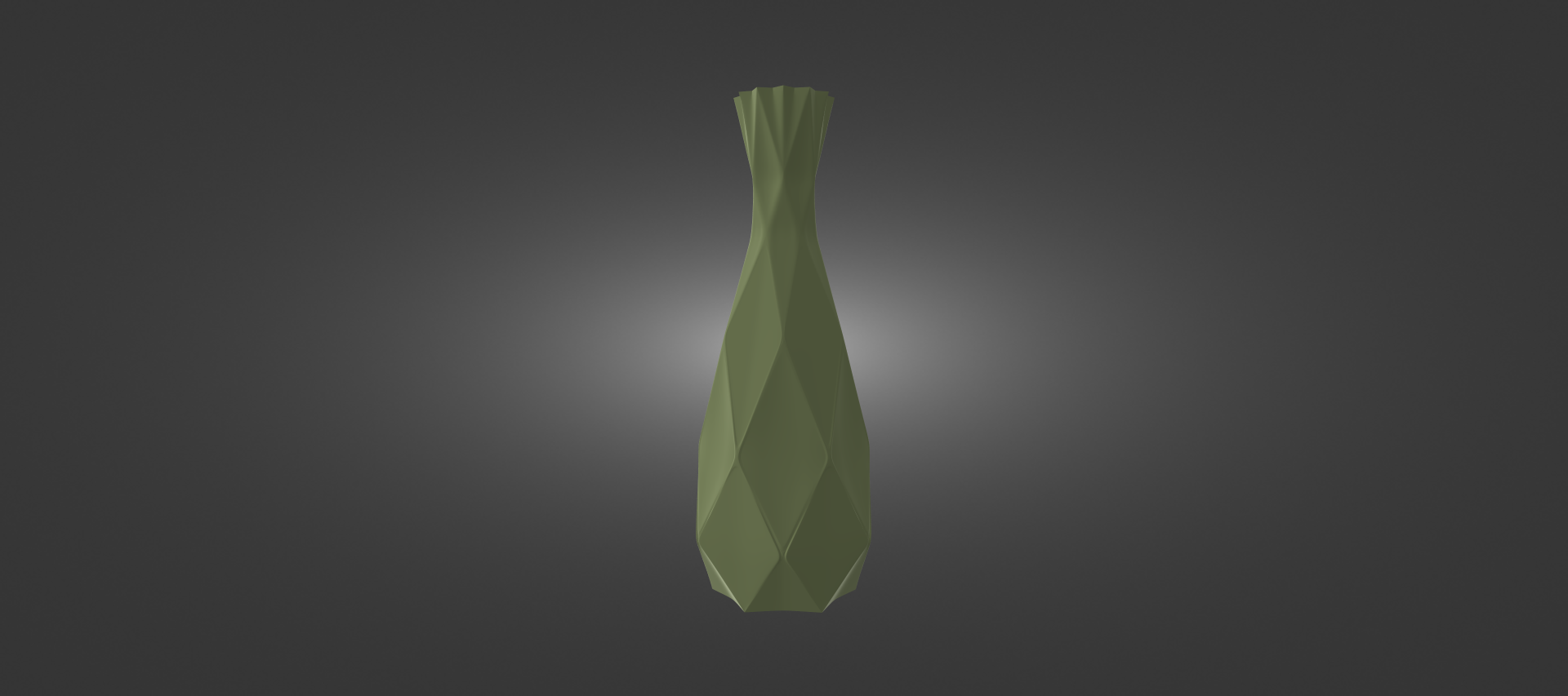 A green, geometric vase-like object stands alone against a dark background.