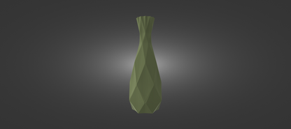 A green, geometric vase-like object stands alone against a dark background.
