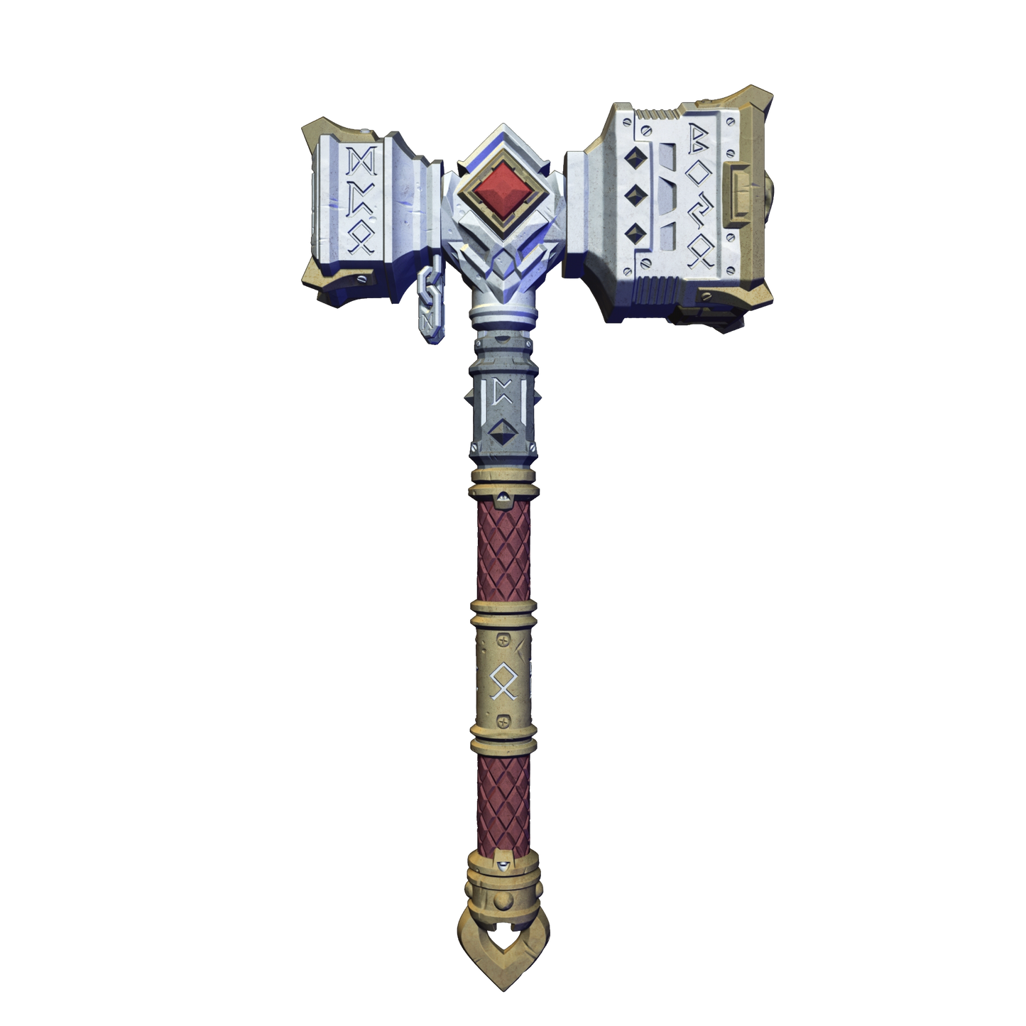 A detailed 3D rendering of a large, ornate hammer with a red gemstone at the top.