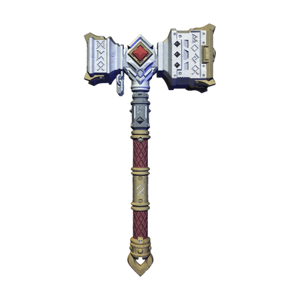 A detailed 3D rendering of a large, ornate hammer with a red gemstone at the top.