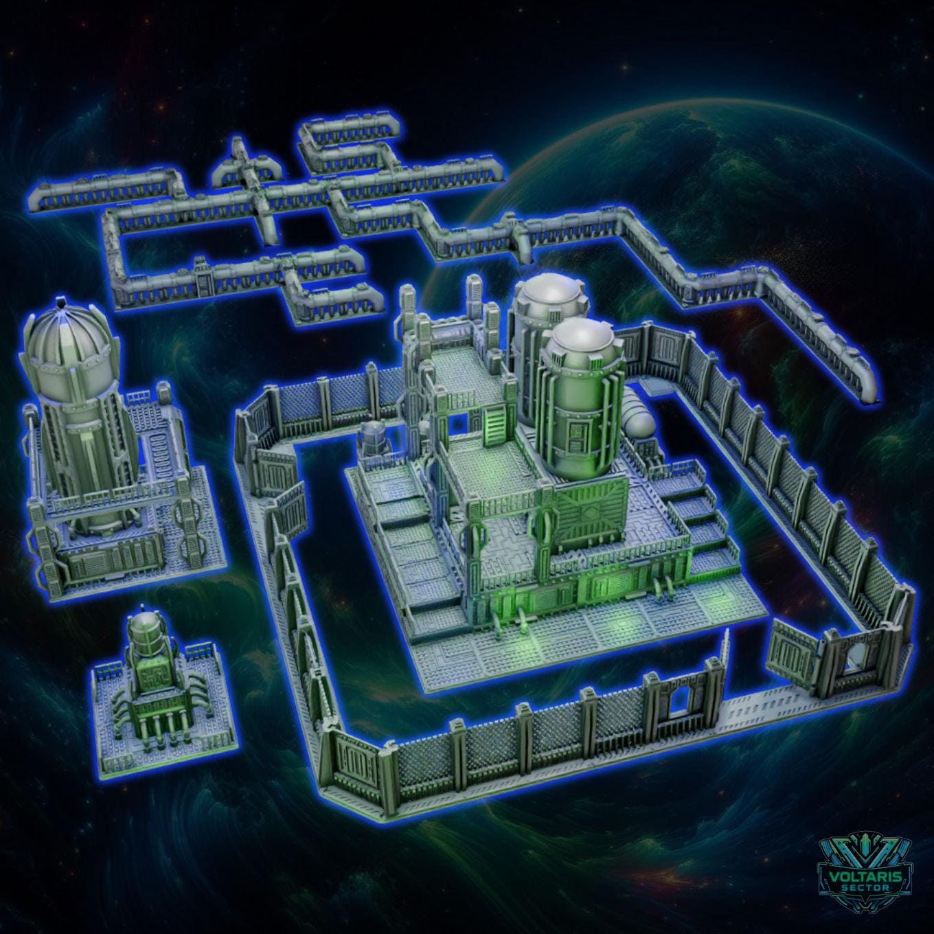 The image is a 3D rendering of a futuristic cityscape, featuring various structures and buildings with a predominantly green and gray color scheme. The city appears to be situated in a space environment, with a planet visible in the background. The image does not contain any text or specific details about the city's layout or features.