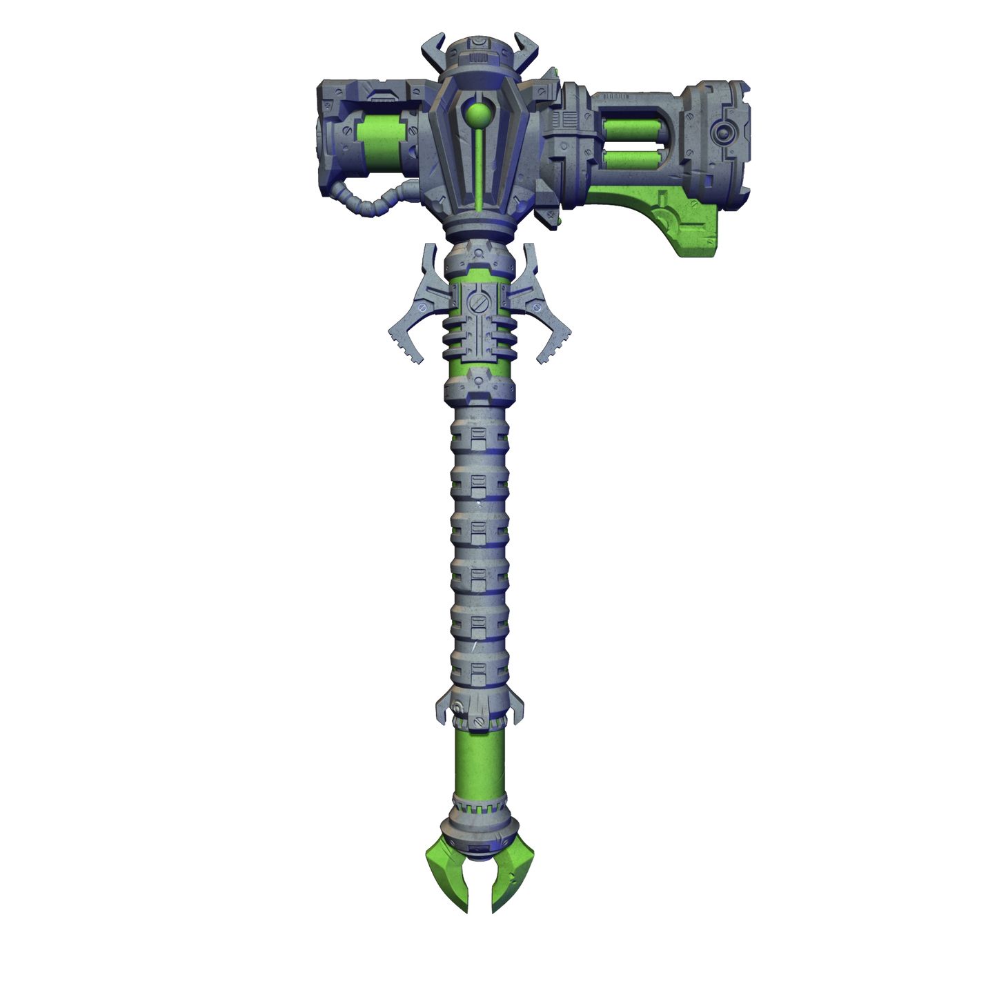 A 3D rendering of a futuristic-looking weapon with a combination of green and gray colors. The weapon appears to be a large, metallic device with multiple attachments and a pointed end.