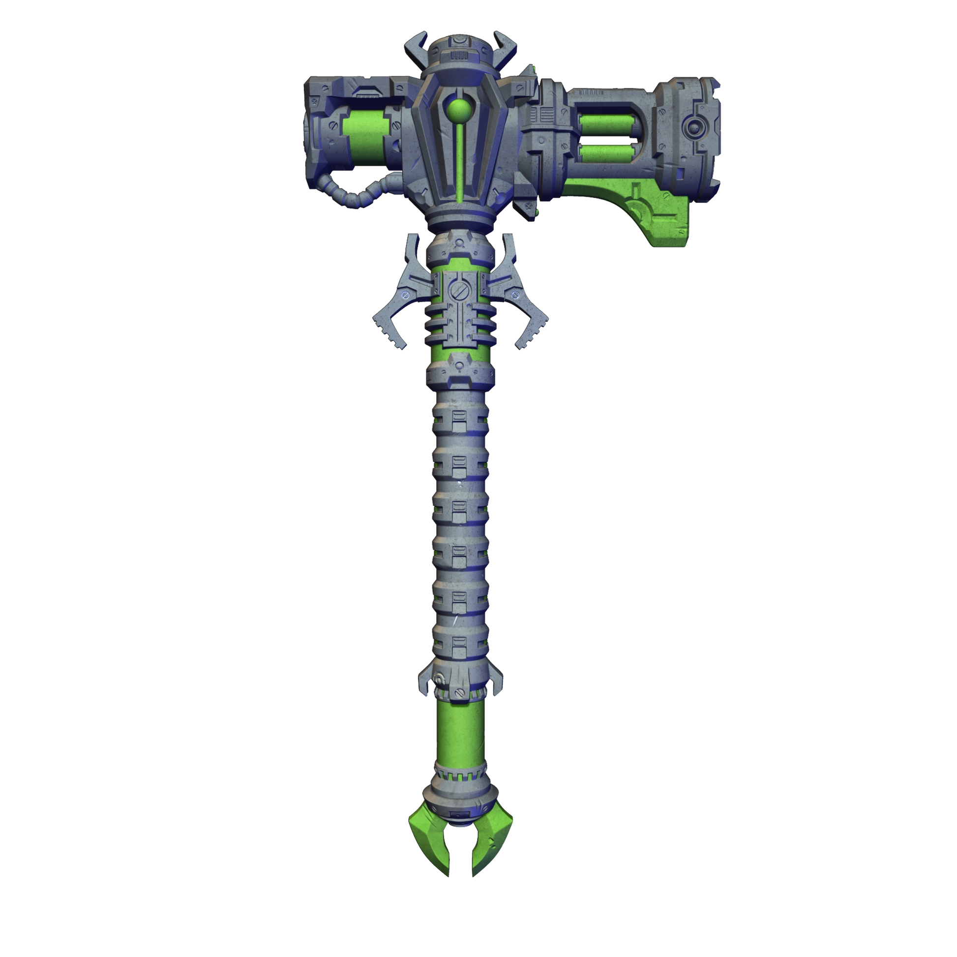 A 3D rendering of a futuristic-looking weapon with a combination of green and gray colors. The weapon appears to be a large, metallic device with multiple attachments and a pointed end.